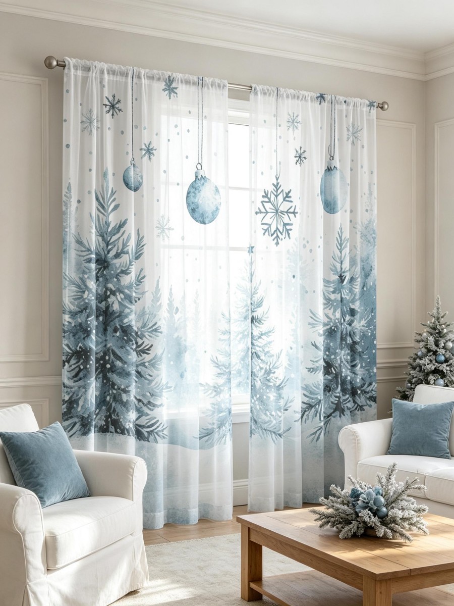 Curtain Rods - 2PCS Christmas Sheer Curtains, Blue Snowflake